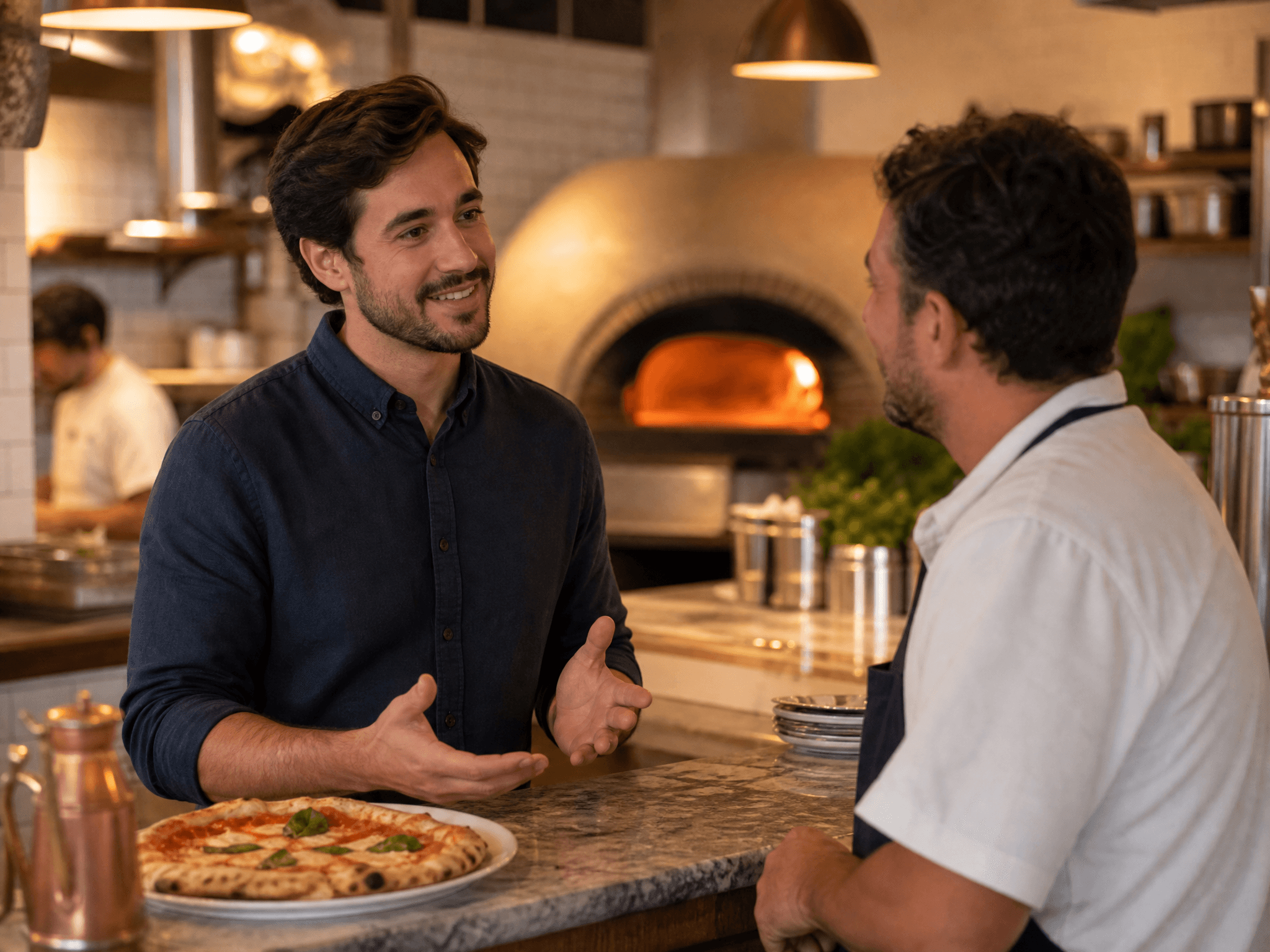 Representante comercial conversando com dono de pizzaria
